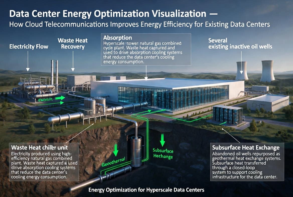 Data center energy optimization: natural gas combined cycle with waste heat recovery and absorption cooling; geothermal cooling using abandoned oil wells and subsurface heat exchange for hyperscale data centers.