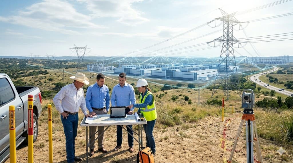 Data center site selection and hyperscale data center land assessment: team with landowner reviewing maps and tablet for AI data center infrastructure and data center site preparation.
