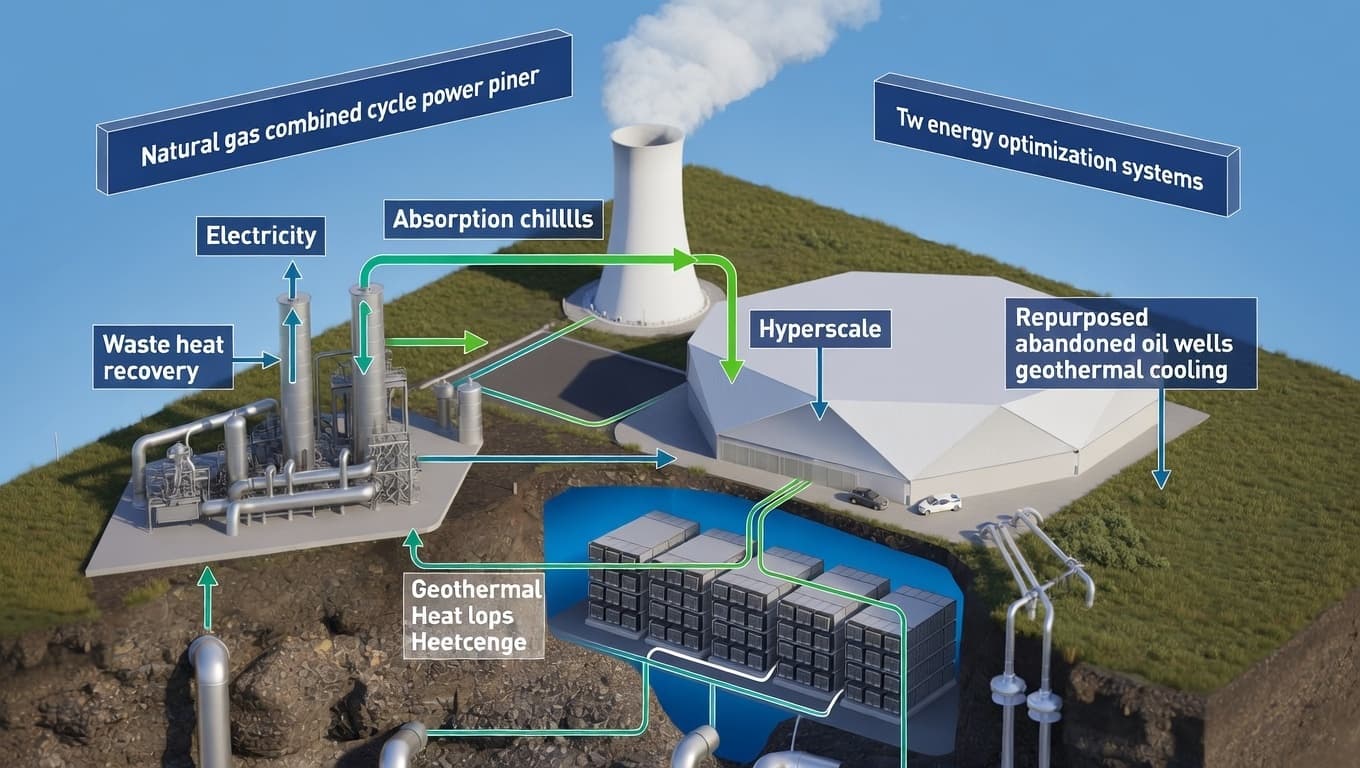 Data center energy optimization: natural gas combined cycle with waste heat recovery and absorption cooling; geothermal cooling using abandoned oil wells and subsurface heat exchange for hyperscale data centers.