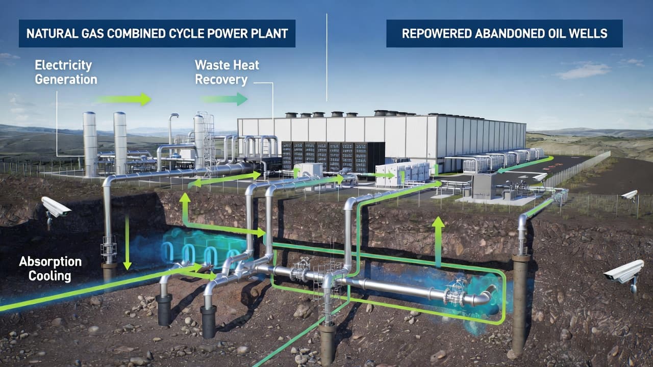 Data center energy optimization: natural gas combined cycle with waste heat recovery and absorption cooling; geothermal cooling using abandoned oil wells and subsurface heat exchange for hyperscale data centers.