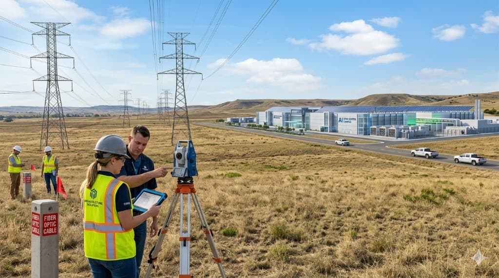 Texas data center land and data center site selection Texas: surveyors at hyperscale data center land site with power lines and fiber optic markers for AI data center development Texas and data center energy optimization.