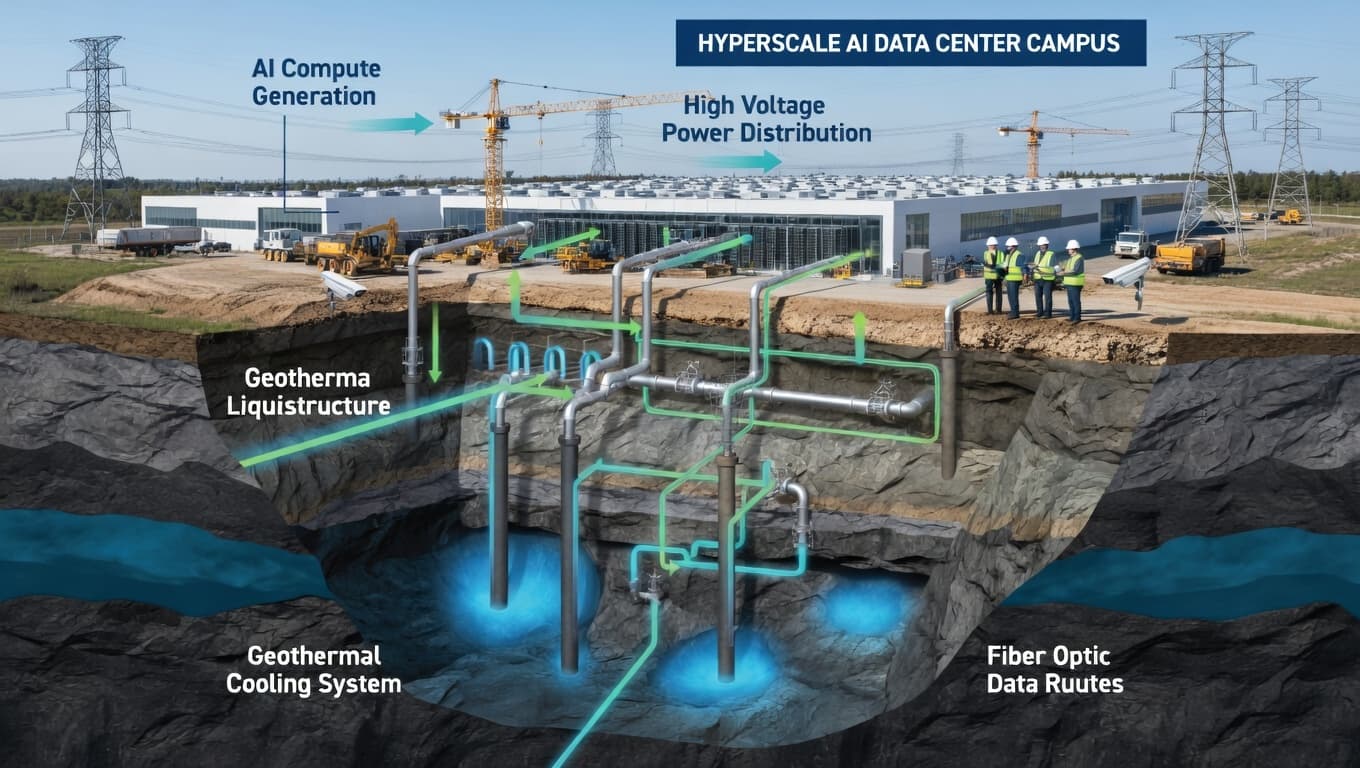 Hyperscale AI data center campus with geothermal cooling, high voltage power, and fiber optic routes.